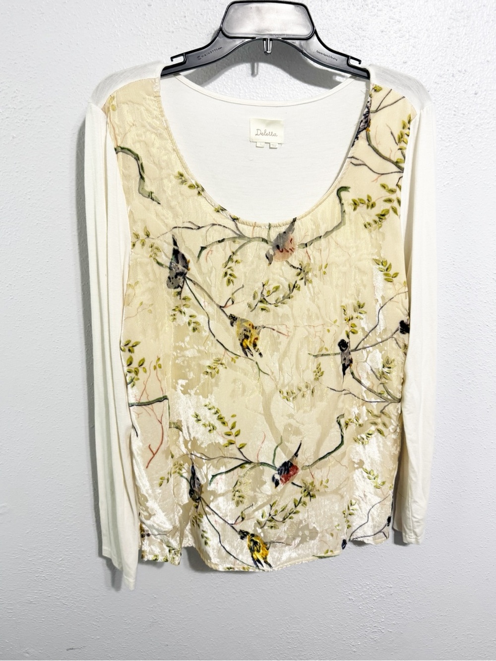 Anthropologie Deletta Cream Bird-Print Long Sleeve Blouse large